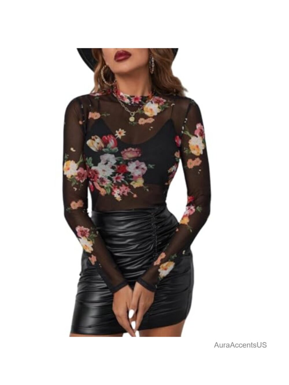 Women's Sheer Lace Long Sleeve Top Mock Neck Floral Mesh Blouse Party Club